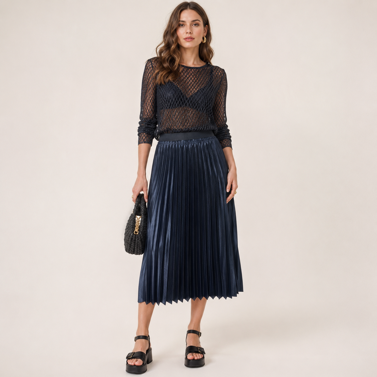 Fustă midi plisată Mango Casual bleumarin