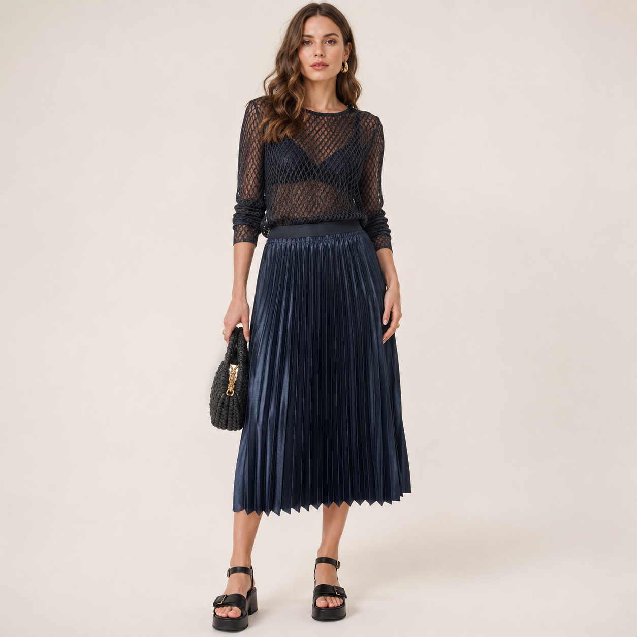 Fustă midi plisată Mango Casual bleumarin