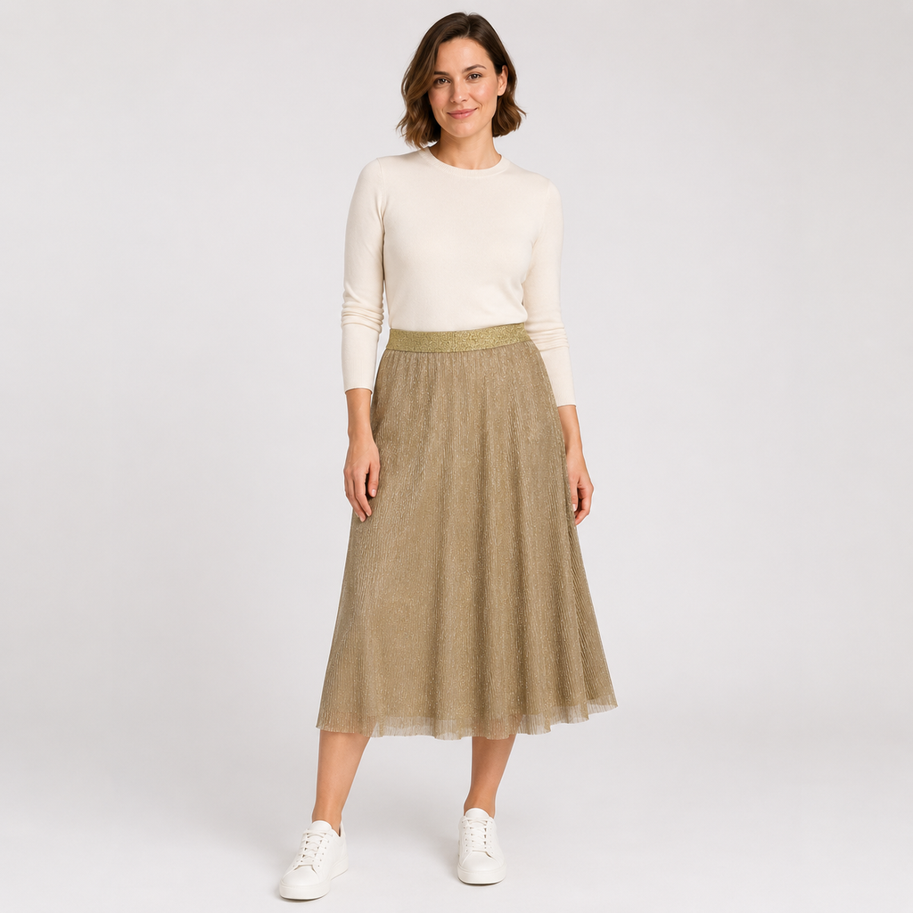 Fustă ONLY aurie din tulle cu fir metalizat