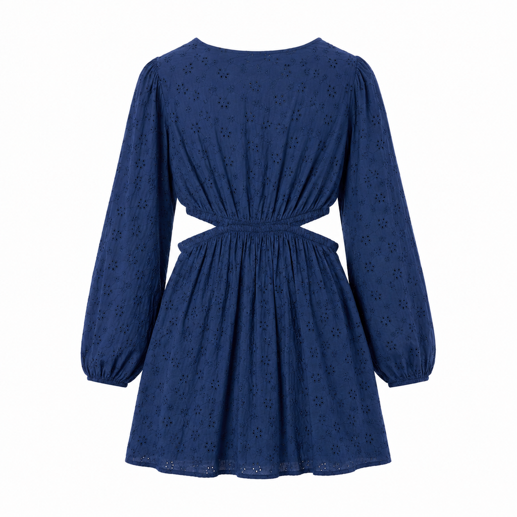 Rochie Cotton Club albastră din bumbac cu broderie și decupaje în talie
