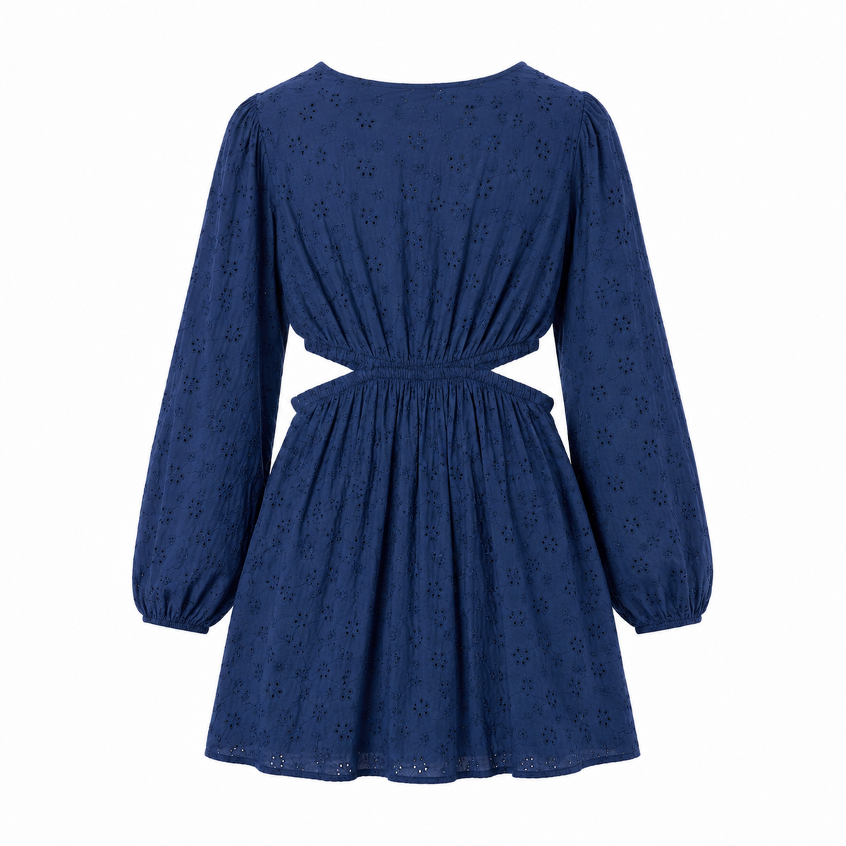 Rochie Cotton Club albastră din bumbac cu broderie și decupaje în talie