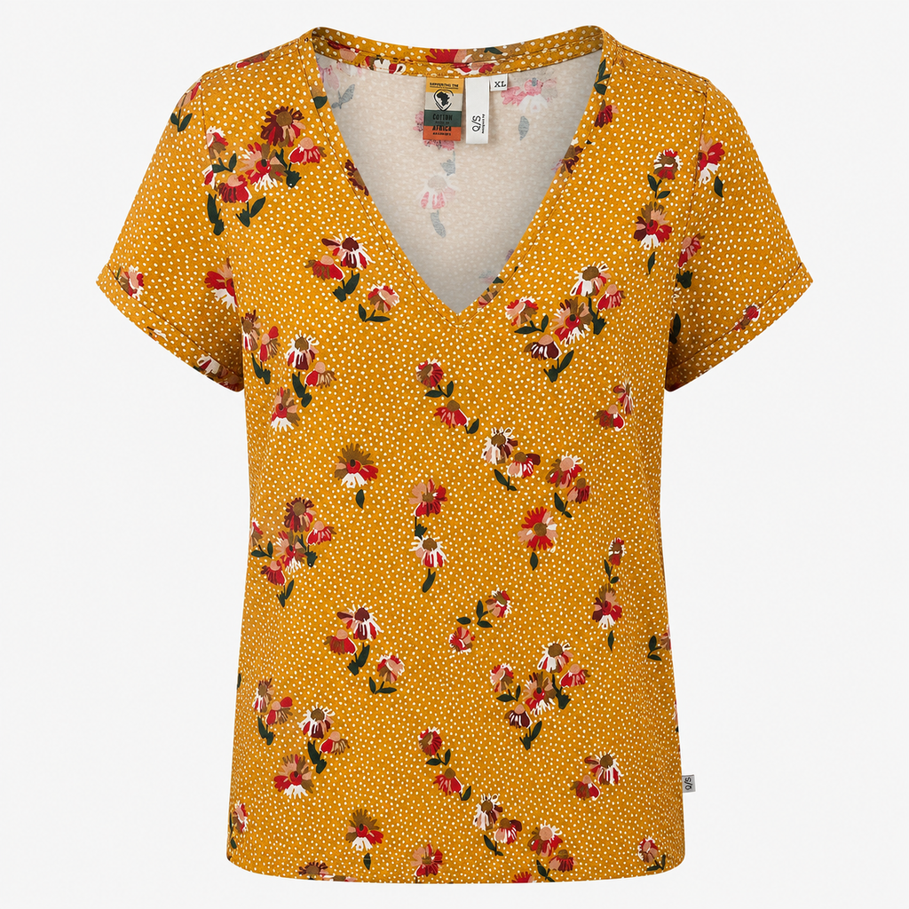 Tricou Q/S by s.Oliver galben muștar cu imprimeu floral