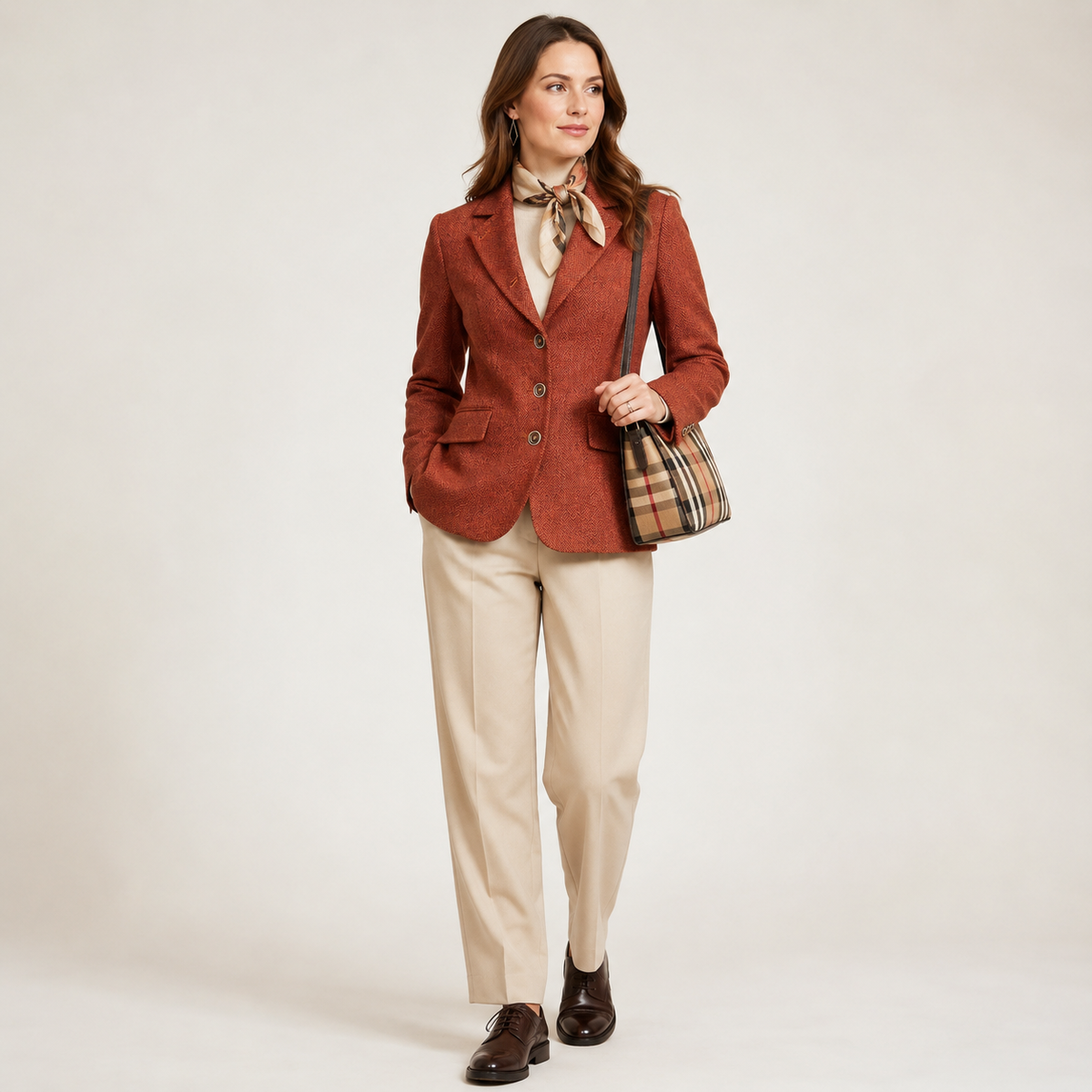 Sacou Madeleine cărămiziu din amestec de lână cu model herringbone