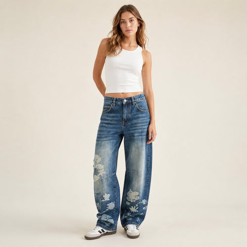 Blugi BDG Urban Outfitters barrel leg albaștri cu imprimeu floral