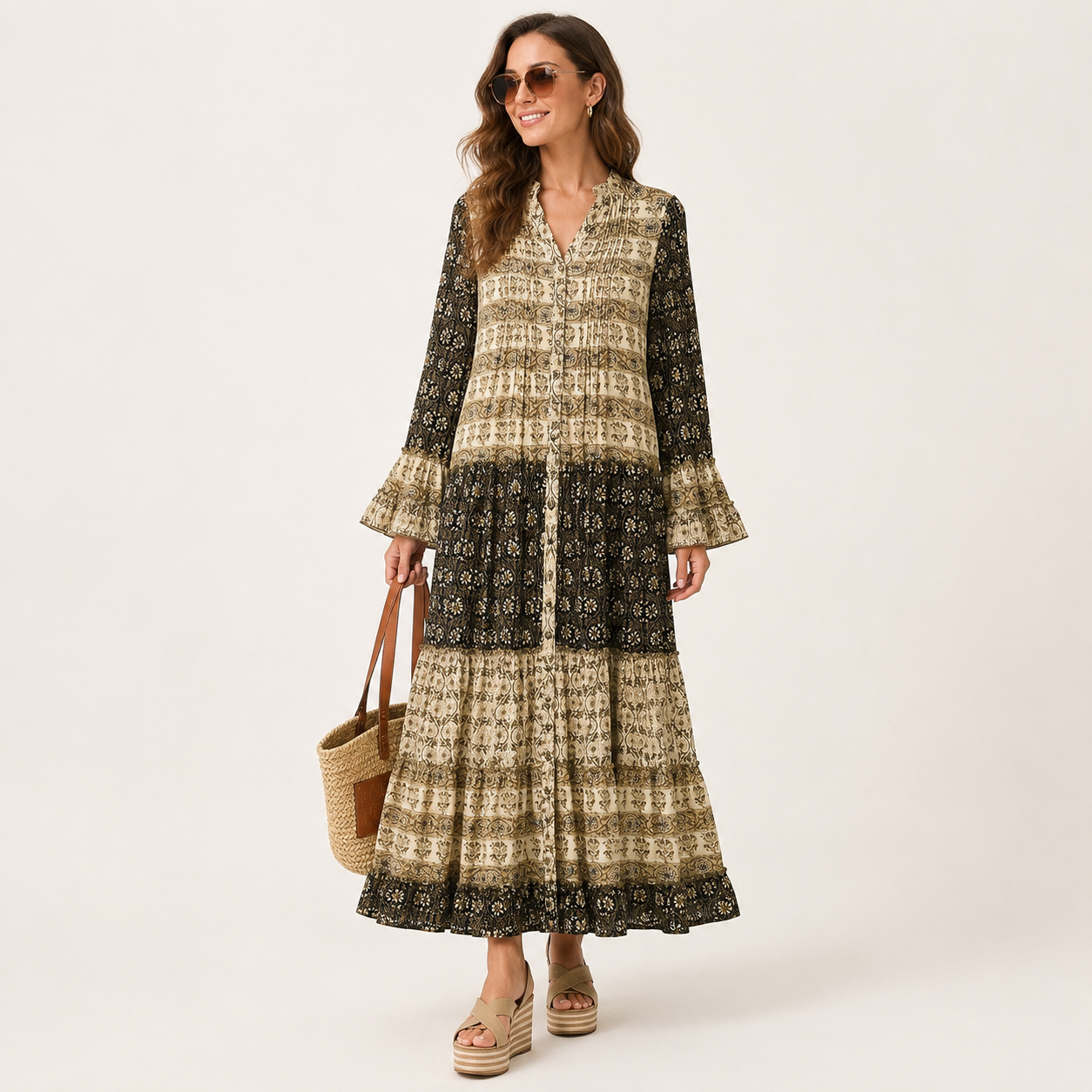 Rochie Isla Ibiza Bonita bej cu imprimeu boho