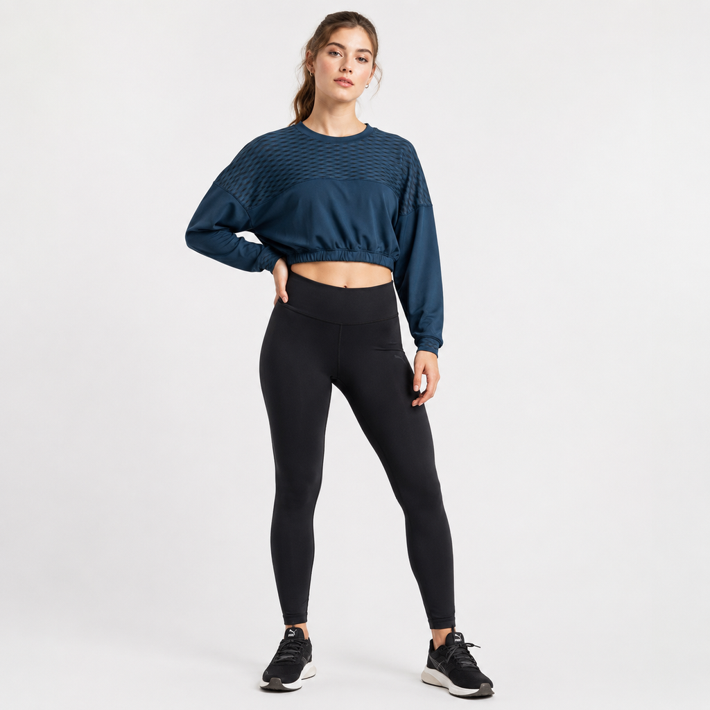 Bluză sport Puma Training cropped bleumarin cu inserții mesh