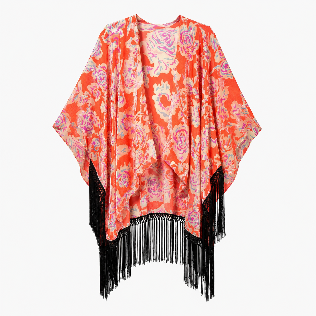 Poncho Desigual Zarzuela portocaliu cu imprimeu floral și franjuri