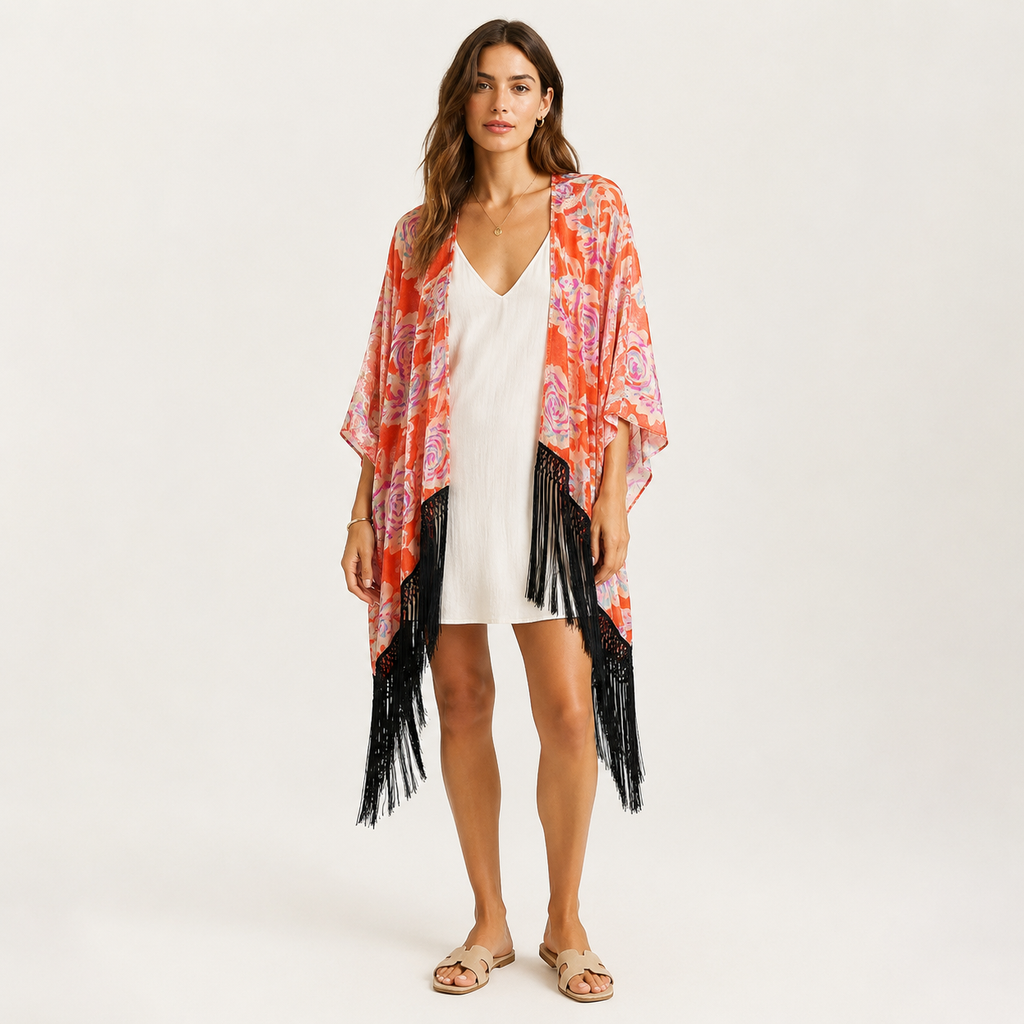 Poncho Desigual Zarzuela portocaliu cu imprimeu floral și franjuri