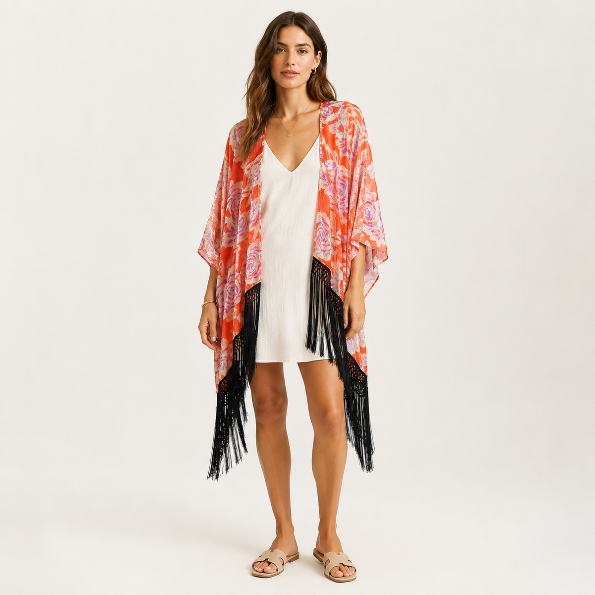 Poncho Desigual Zarzuela portocaliu cu imprimeu floral și franjuri