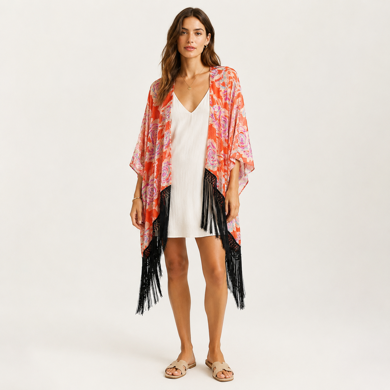 Poncho Desigual Zarzuela portocaliu cu imprimeu floral și franjuri