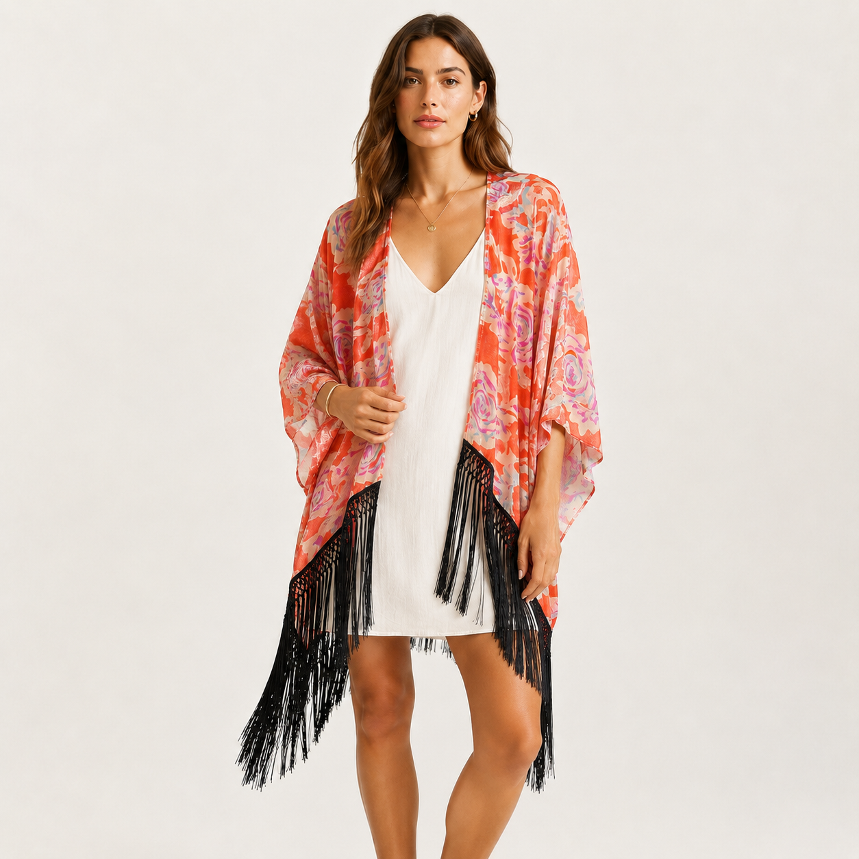 Poncho Desigual Zarzuela portocaliu cu imprimeu floral și franjuri