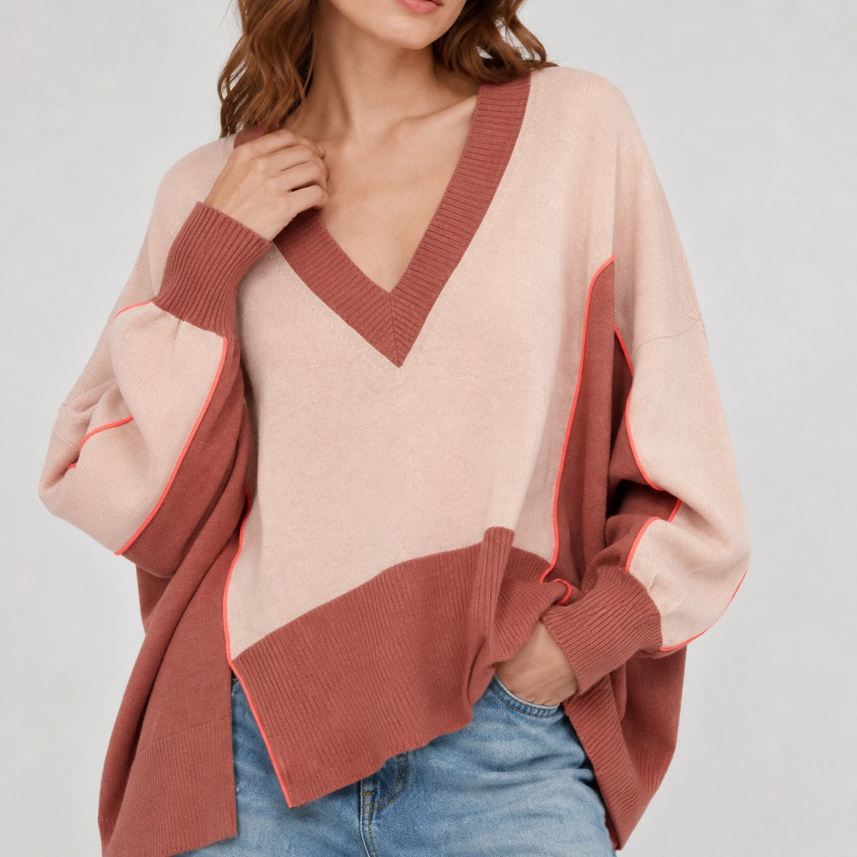 Pulover MAX&Co. by Max Mara Colorblock cu decolteu în V din mix de lână și cașmir