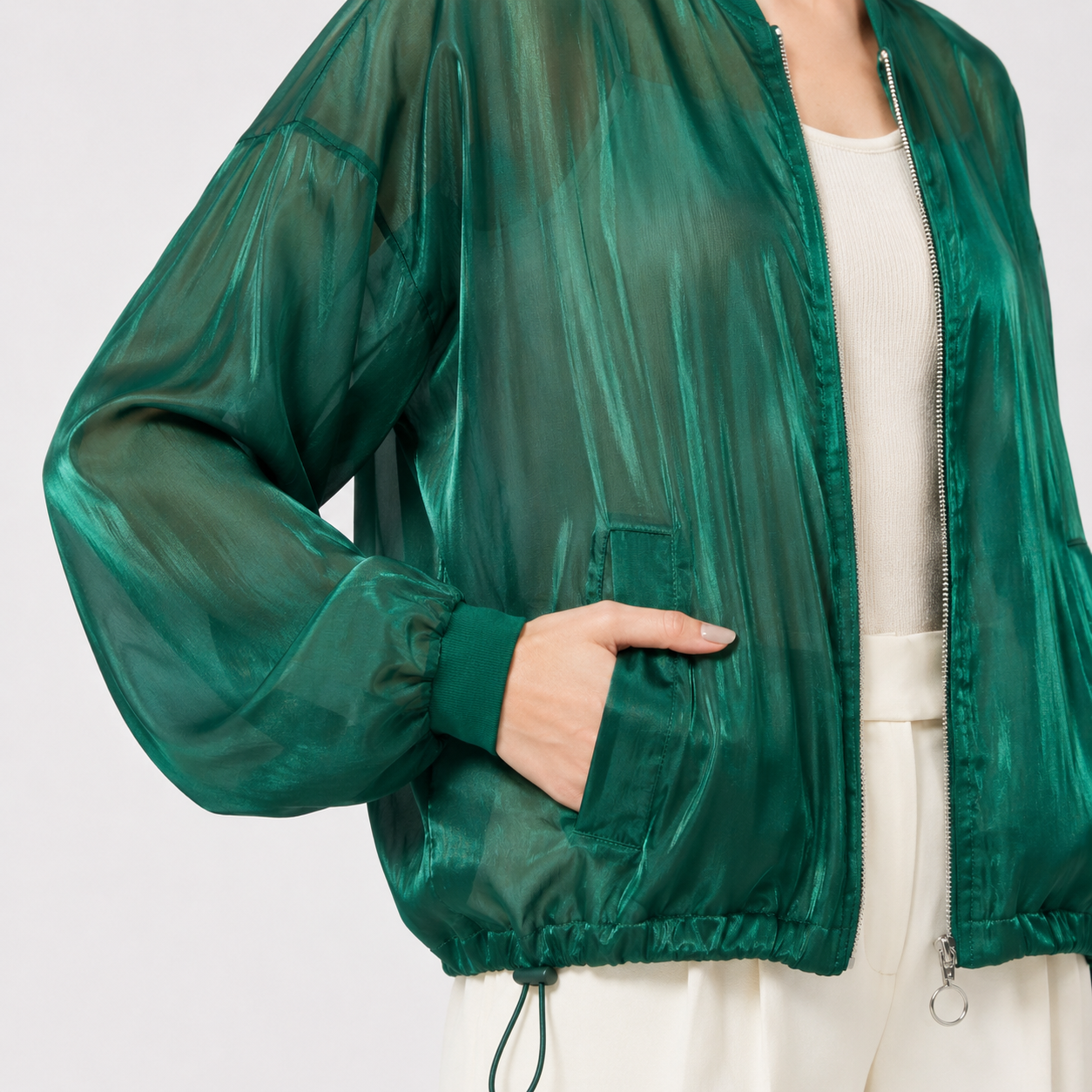 Jachetă bomber Zara verde transparentă cu luciu satinat