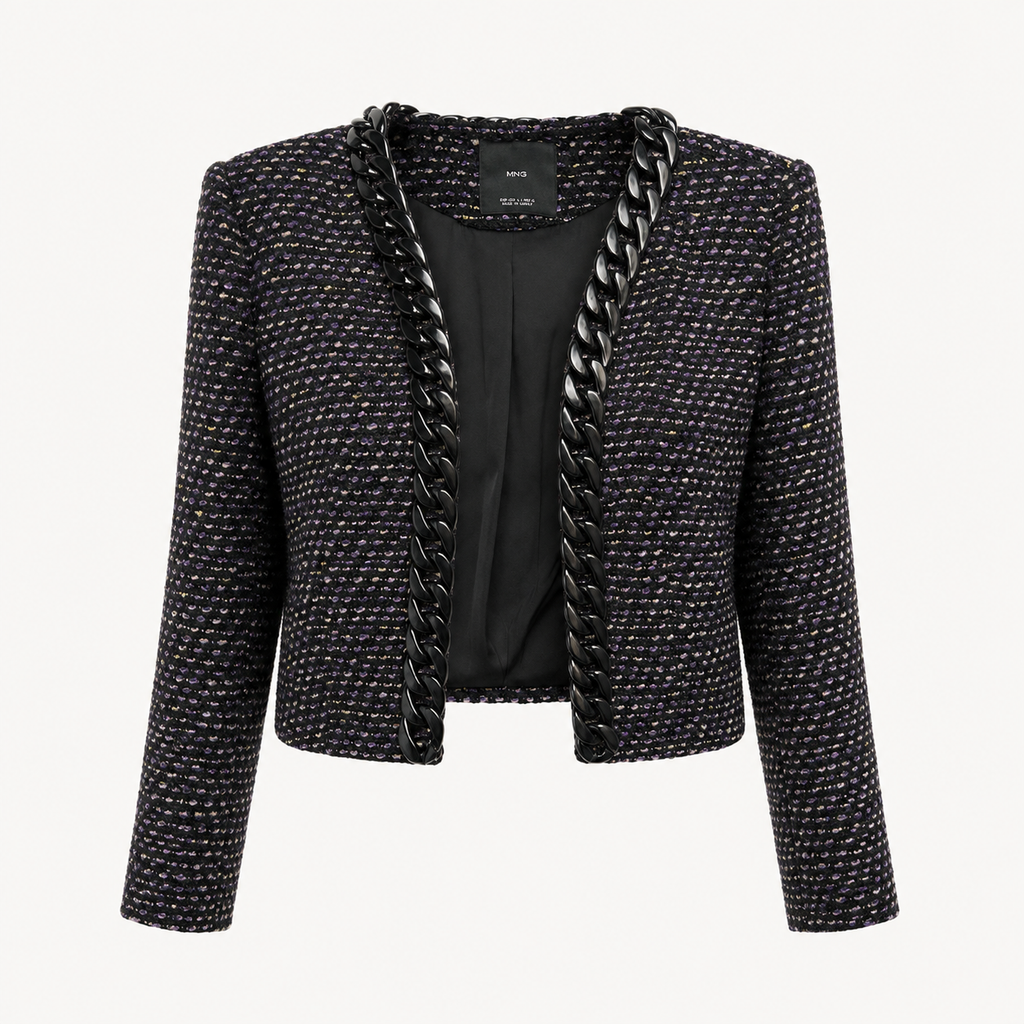 Sacou Mango din tweed negru cu aplicații tip lanț