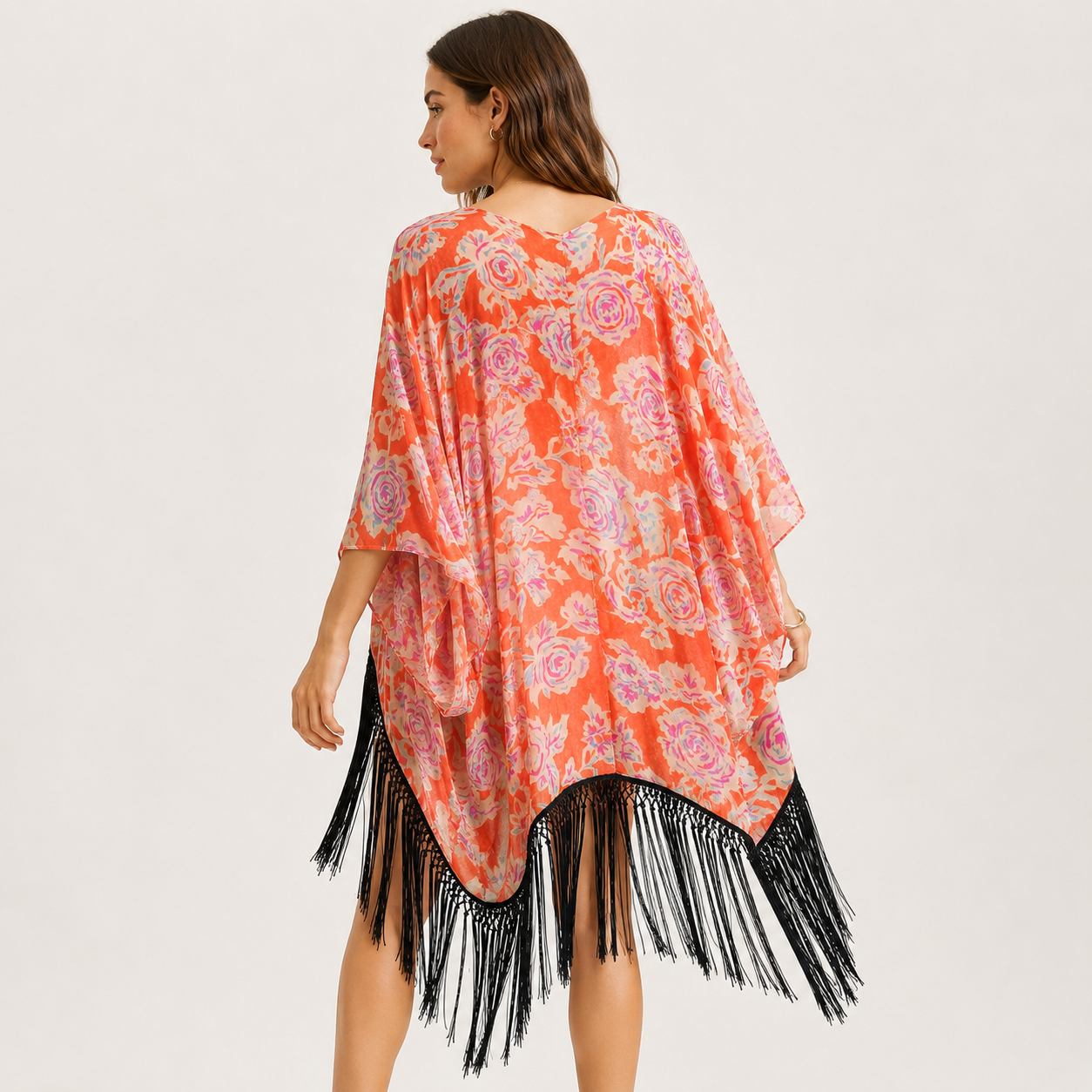 Poncho Desigual Zarzuela portocaliu cu imprimeu floral și franjuri