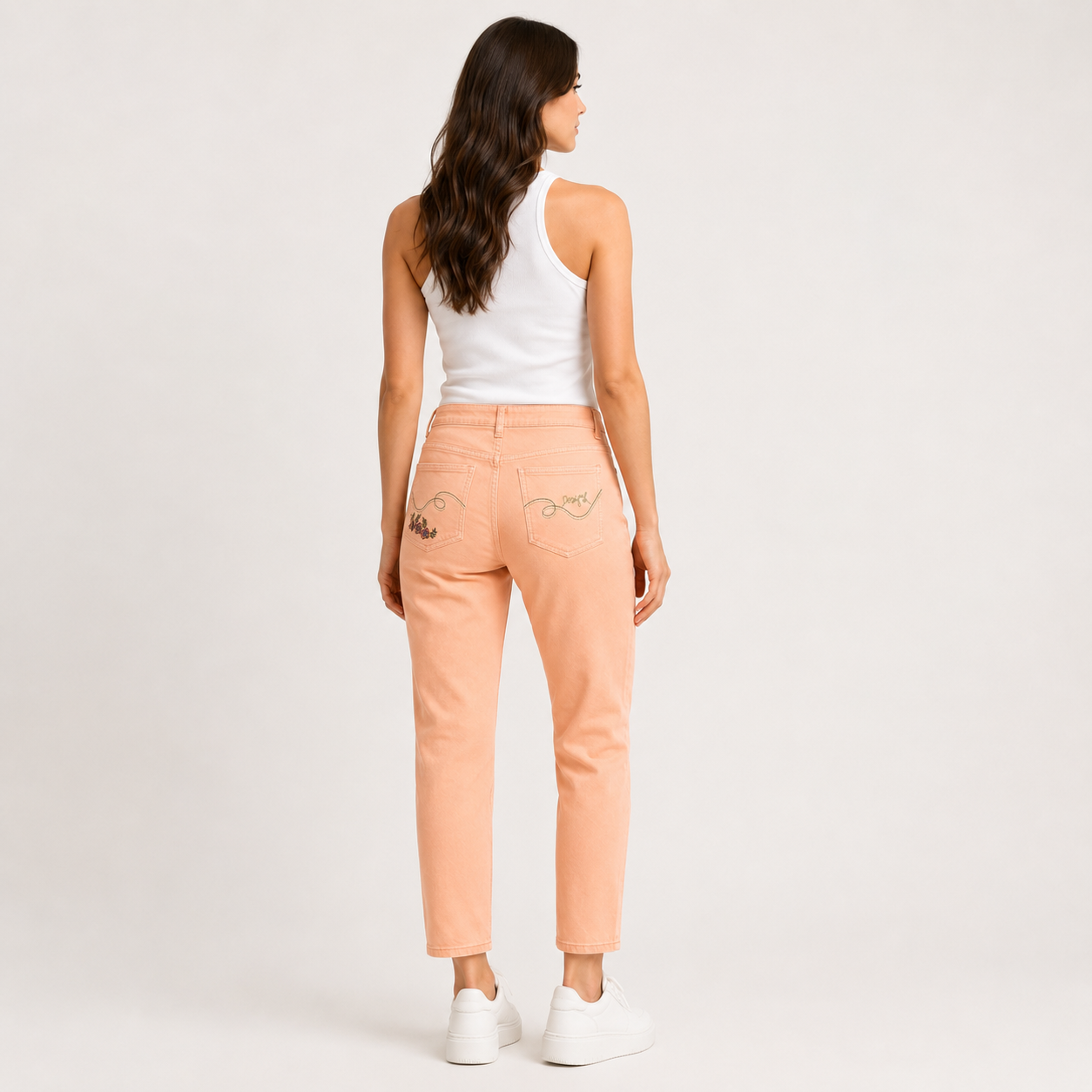 Blugi Desigual coral cu broderie florală