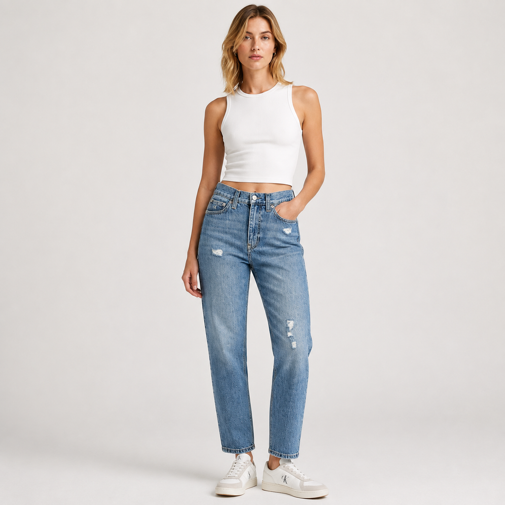 Blugi Calvin Klein Jeans High Rise Straight Ankle cu efect distressed