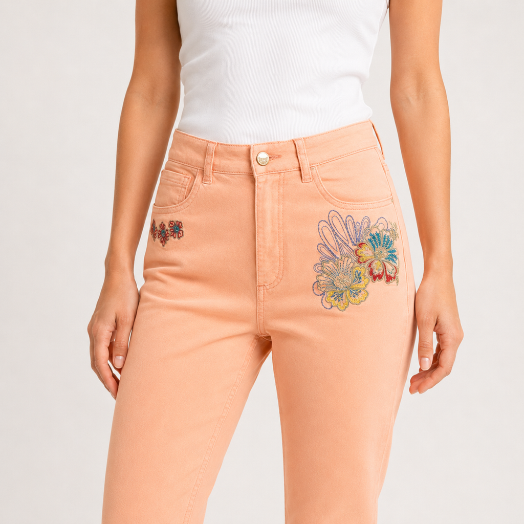 Blugi Desigual coral cu broderie florală