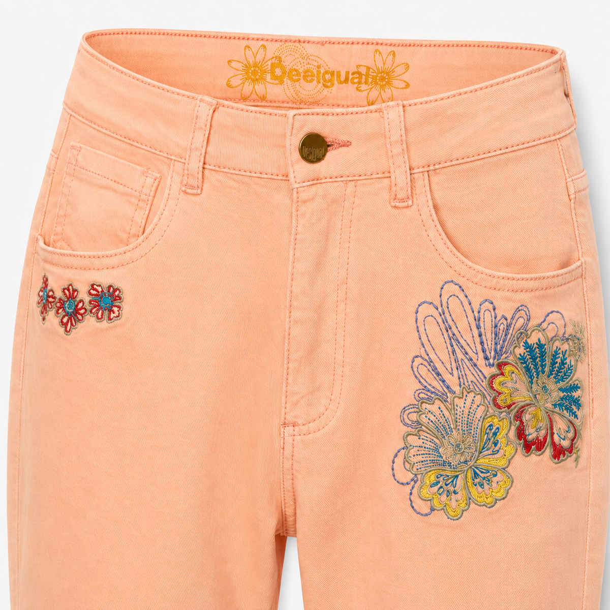 Blugi Desigual coral cu broderie florală