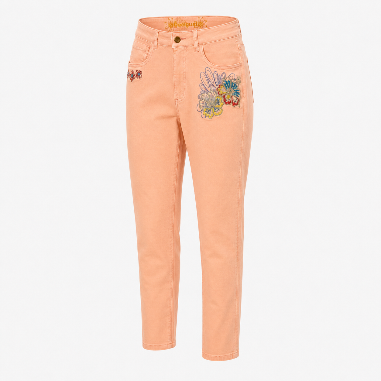 Blugi Desigual coral cu broderie florală