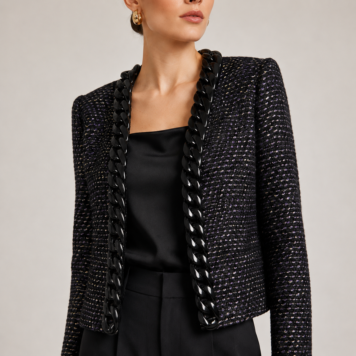 Sacou Mango din tweed negru cu aplicații tip lanț