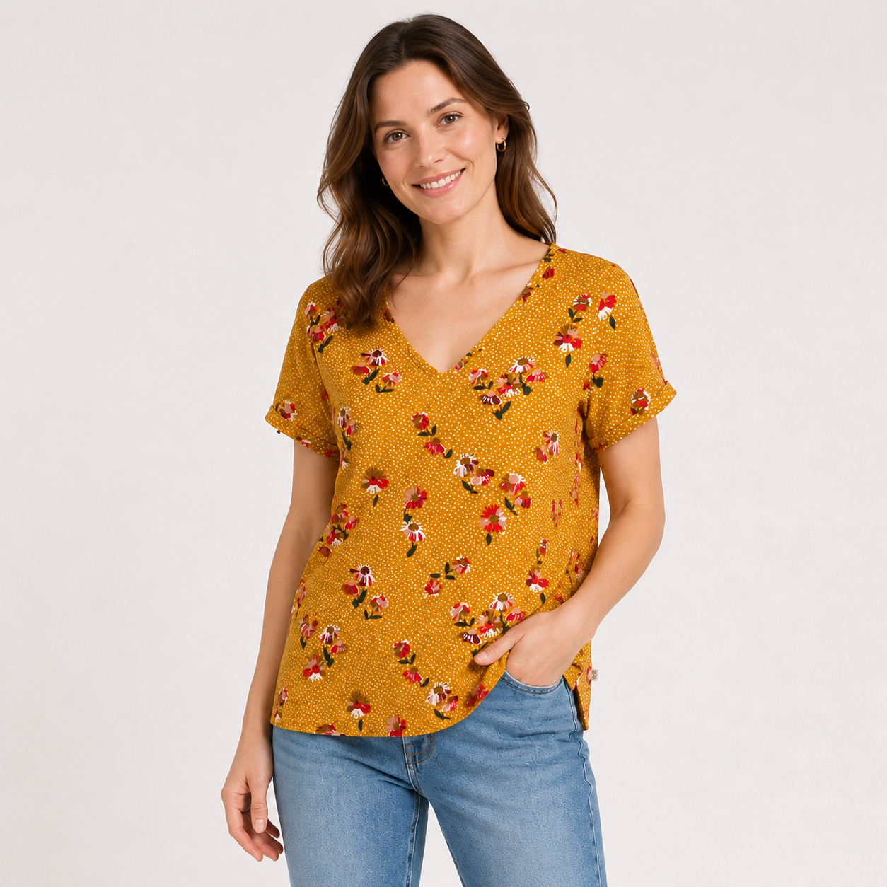 Tricou Q/S by s.Oliver galben muștar cu imprimeu floral