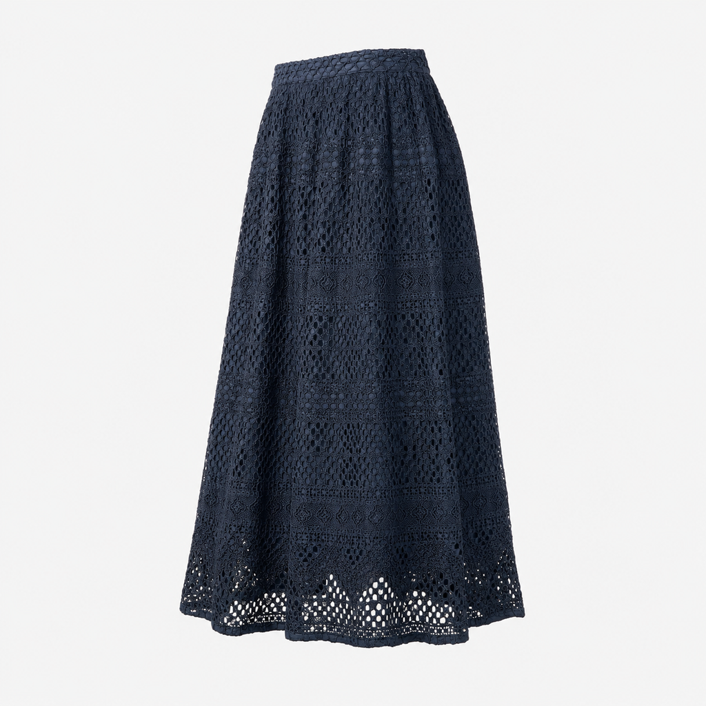 Fustă Tommy Hilfiger bleumarin din dantelă brodată