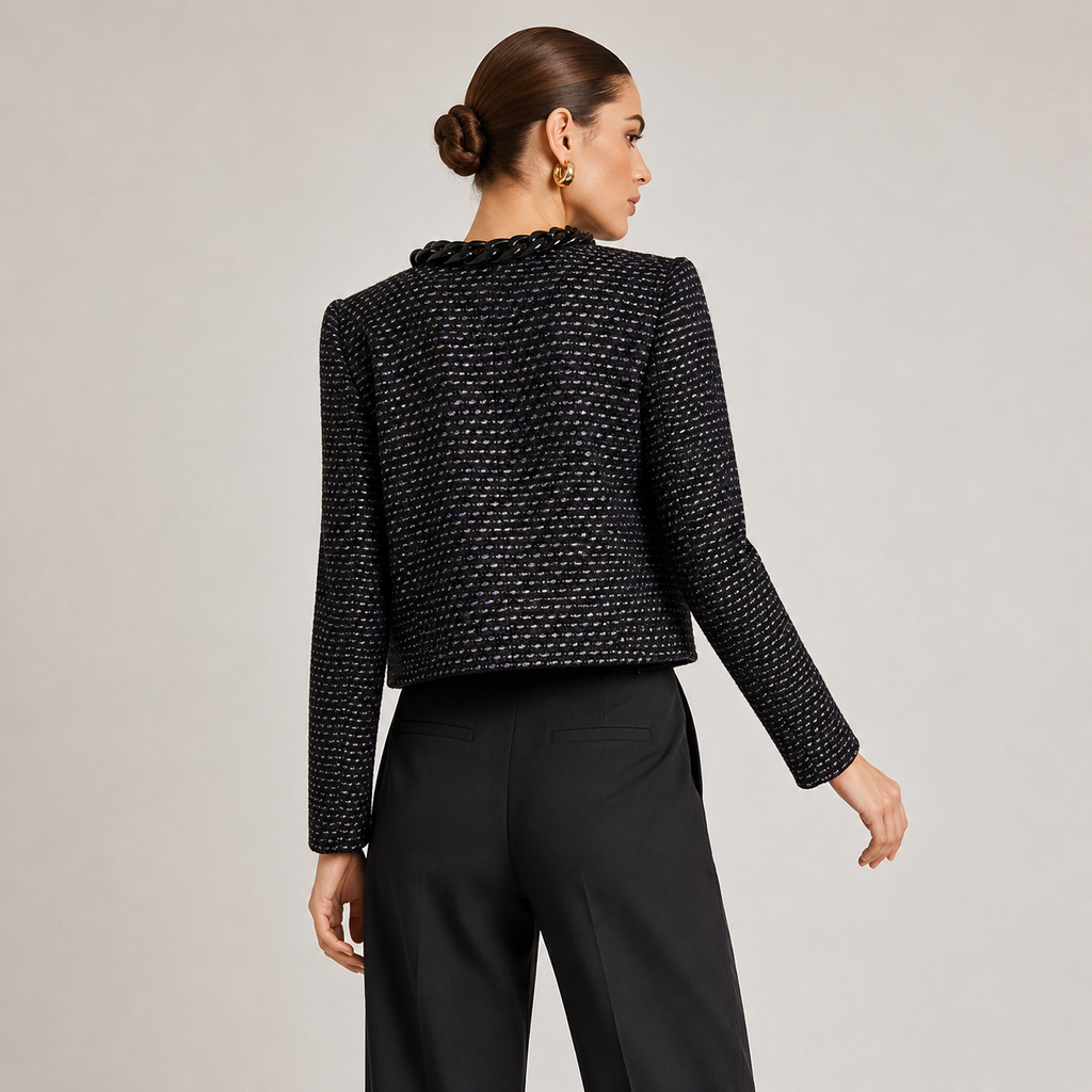 Sacou Mango din tweed negru cu aplicații tip lanț