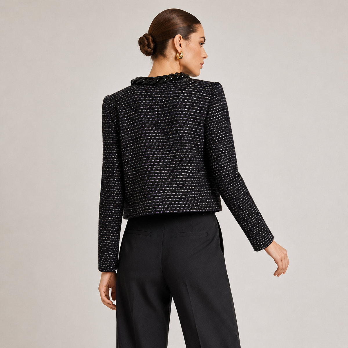 Sacou Mango din tweed negru cu aplicații tip lanț