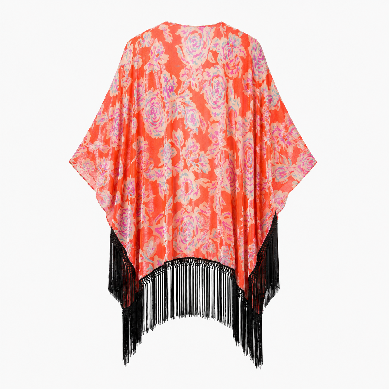 Poncho Desigual Zarzuela portocaliu cu imprimeu floral și franjuri