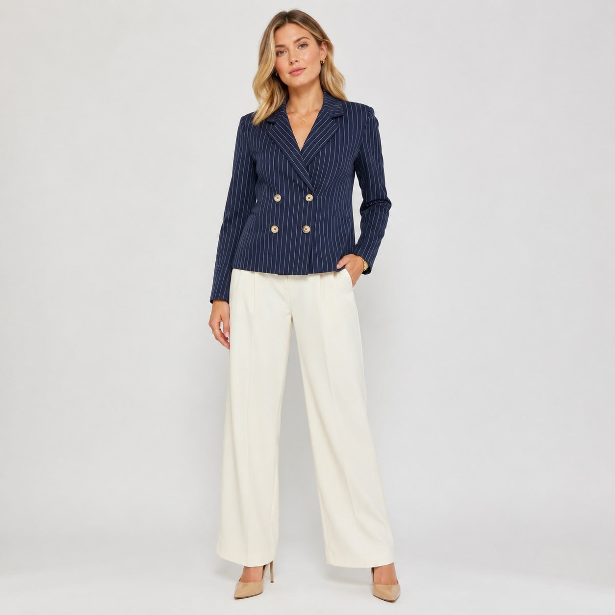 Sacou VILA bleumarin double breasted cu dungi fine