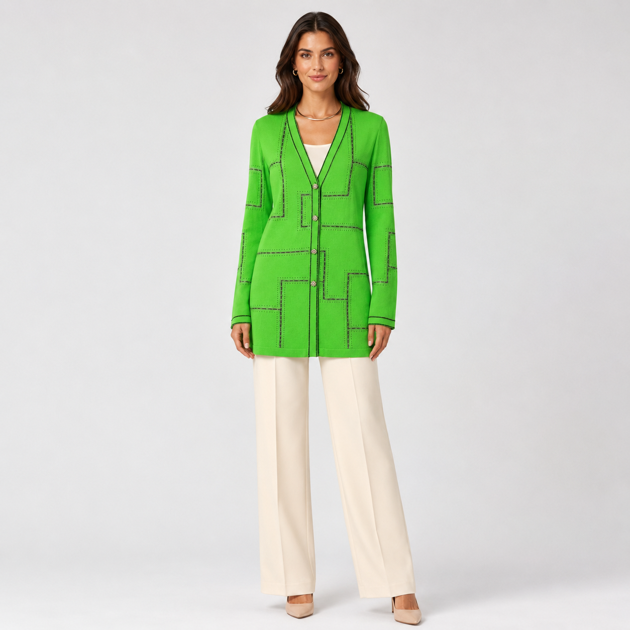 Cardigan Stizzoli verde cu nasturi bijuterie