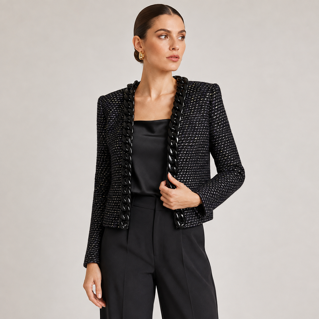 Sacou Mango din tweed negru cu aplicații tip lanț