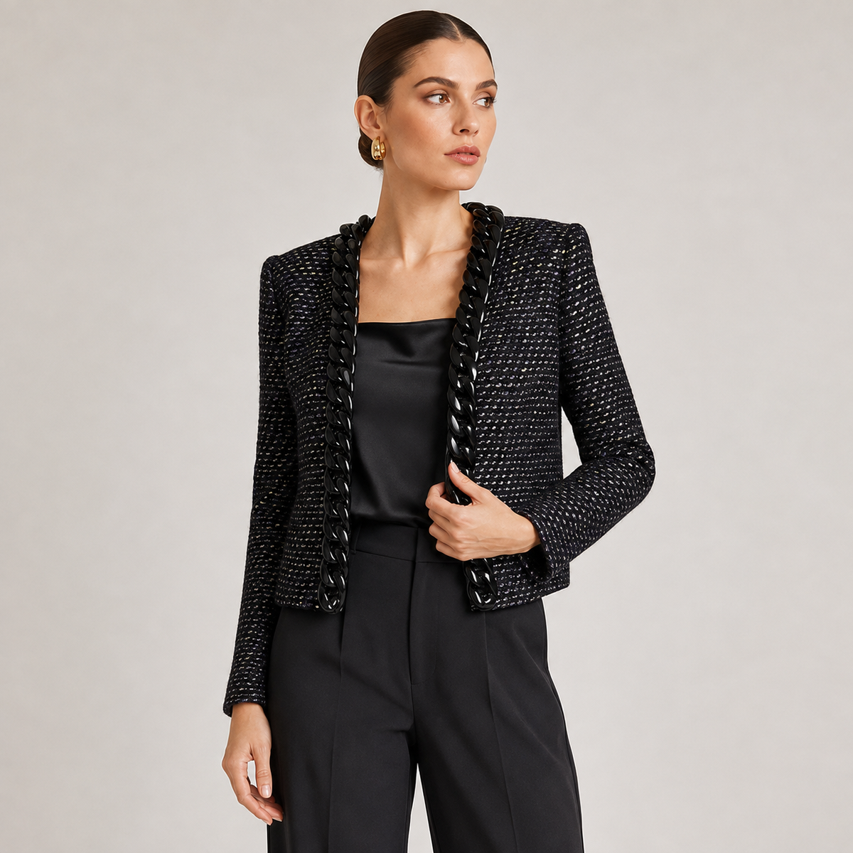 Sacou Mango din tweed negru cu aplicații tip lanț