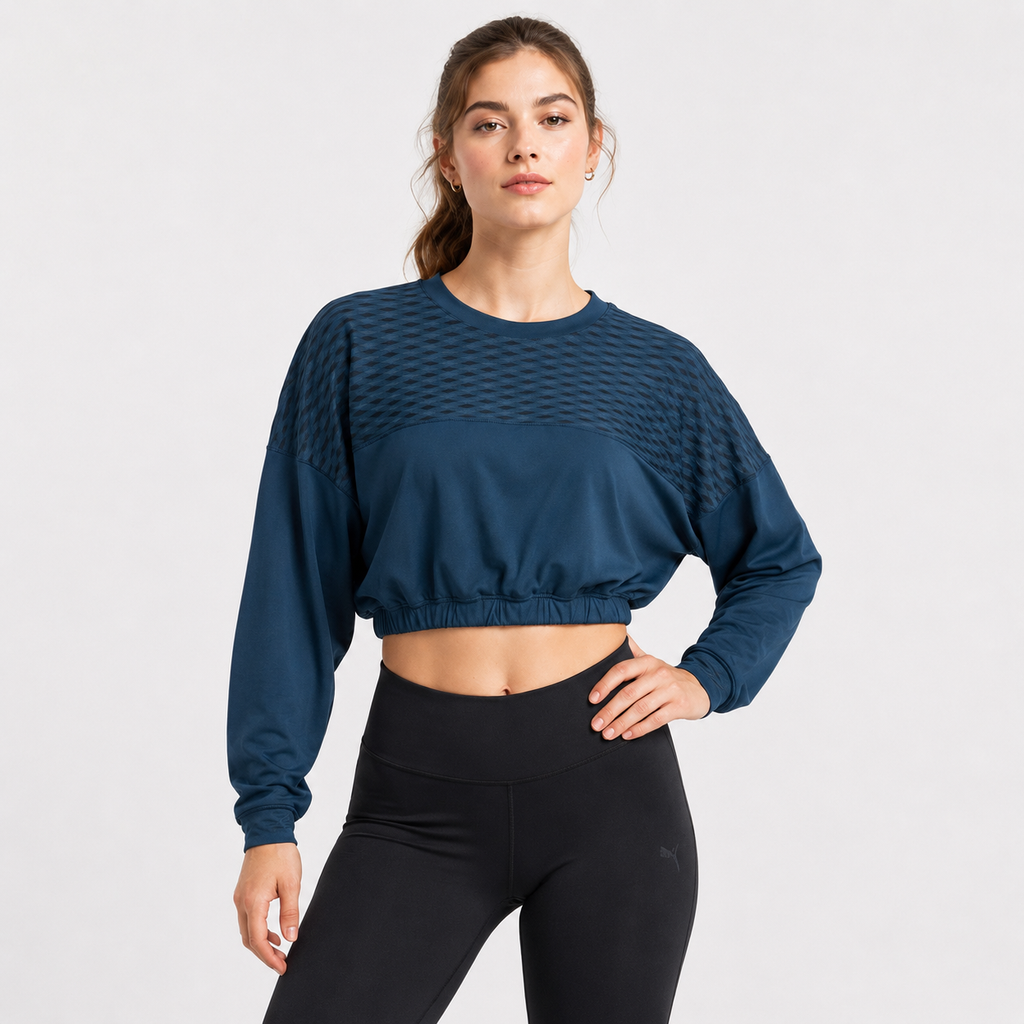 Bluză sport Puma Training cropped bleumarin cu inserții mesh