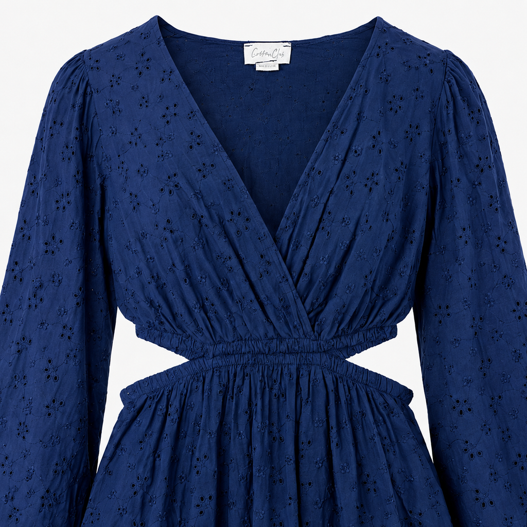 Rochie Cotton Club albastră din bumbac cu broderie și decupaje în talie