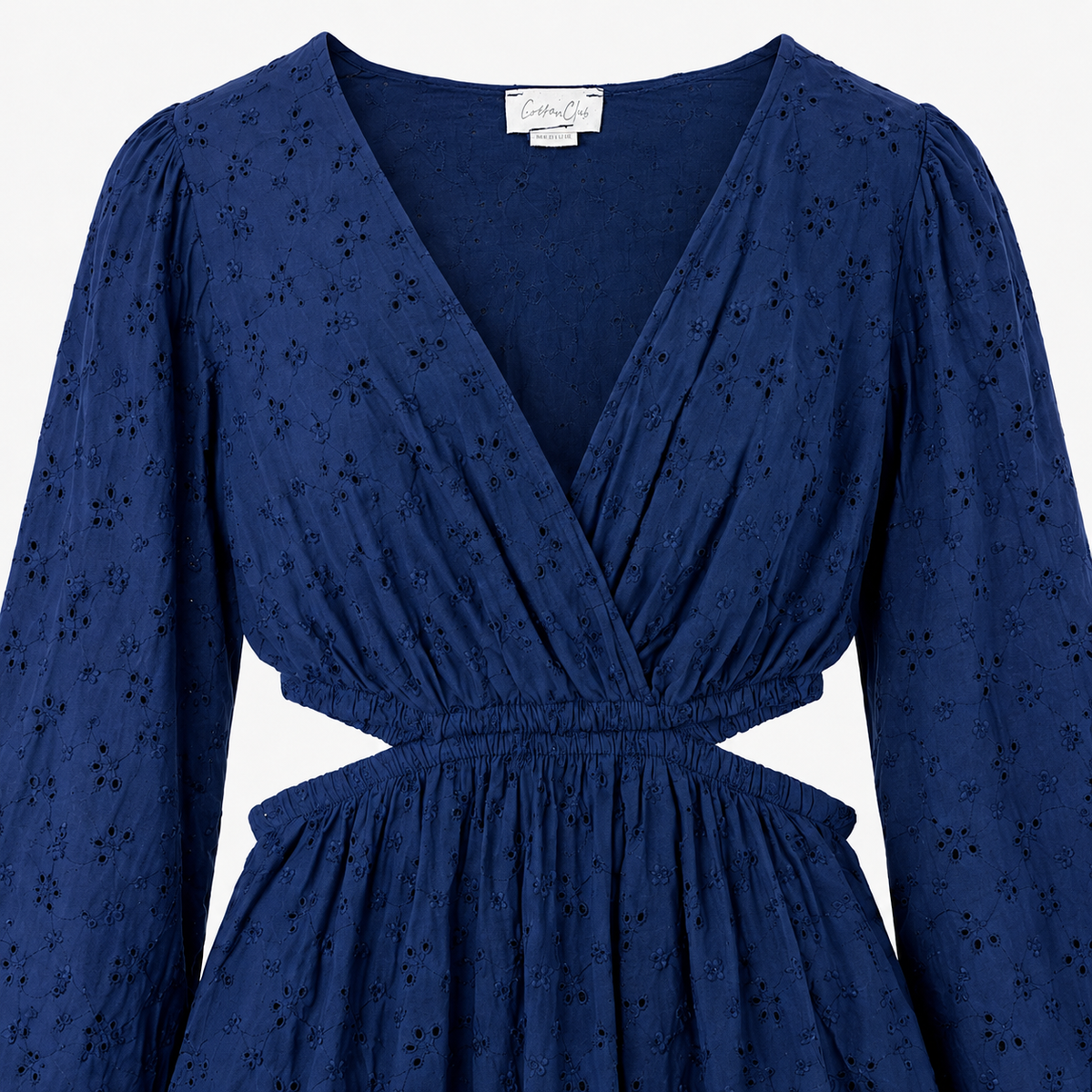 Rochie Cotton Club albastră din bumbac cu broderie și decupaje în talie