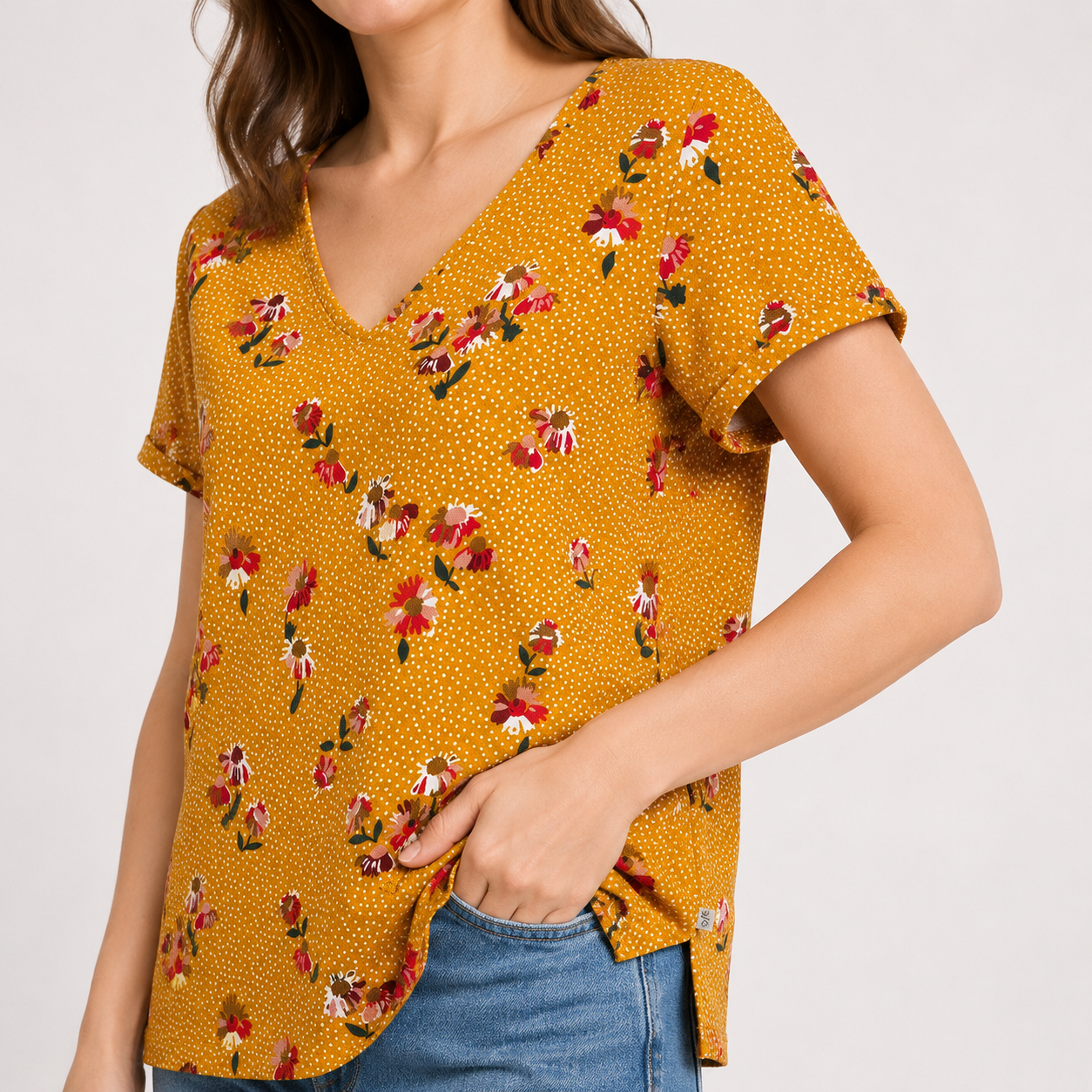 Tricou Q/S by s.Oliver galben muștar cu imprimeu floral