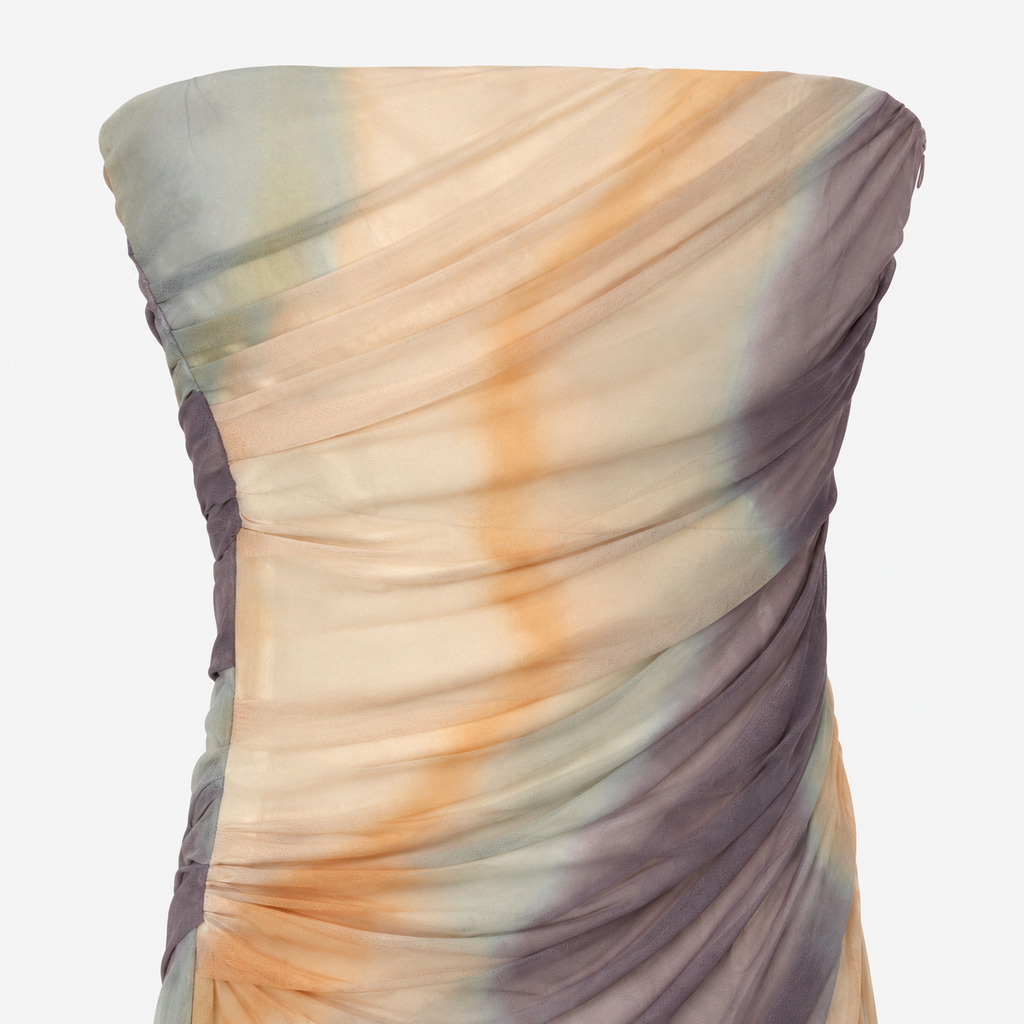 Rochie Zara fără bretele cu drapaje și imprimeu abstract pastel