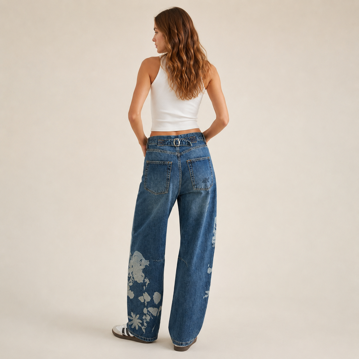 Blugi BDG Urban Outfitters barrel leg albaștri cu imprimeu floral