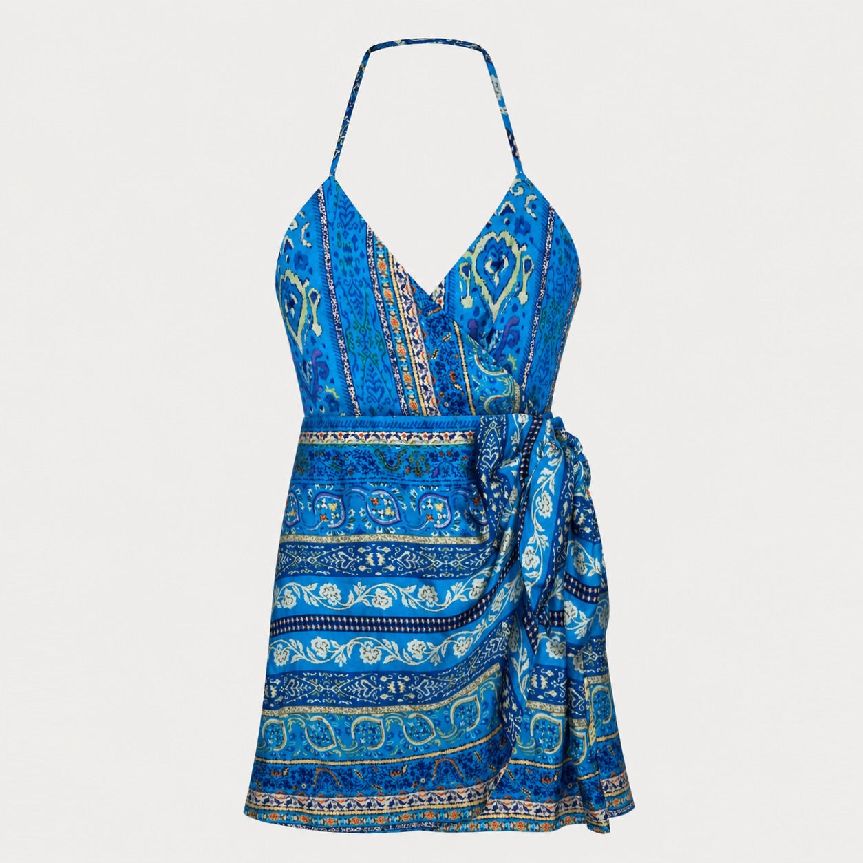 Rochie Zara albastră cu print ornamental și decolteu halter