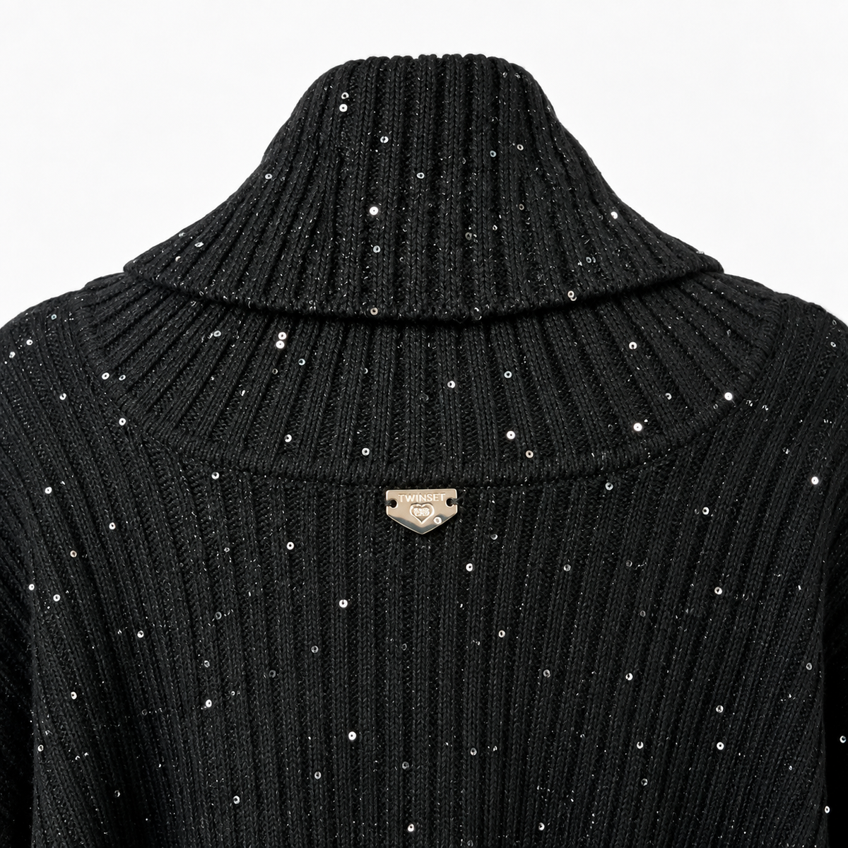 Poncho Twinset negru tricotat cu paiete și guler înalt