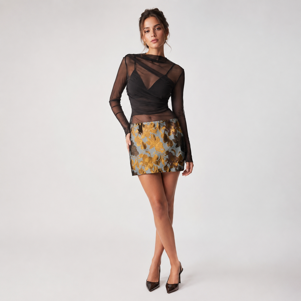 Fustă mini Brave Soul gri cu imprimeu floral auriu