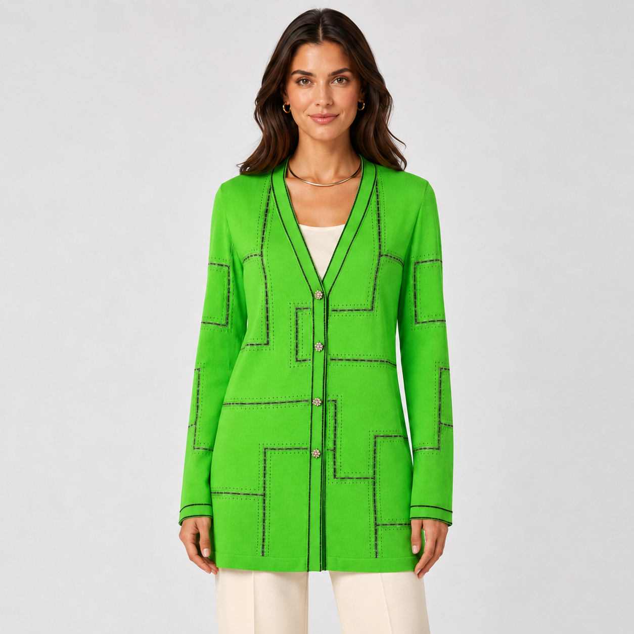 Cardigan Stizzoli verde cu nasturi bijuterie