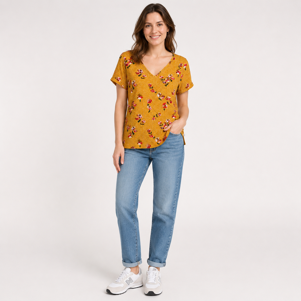 Tricou Q/S by s.Oliver galben muștar cu imprimeu floral