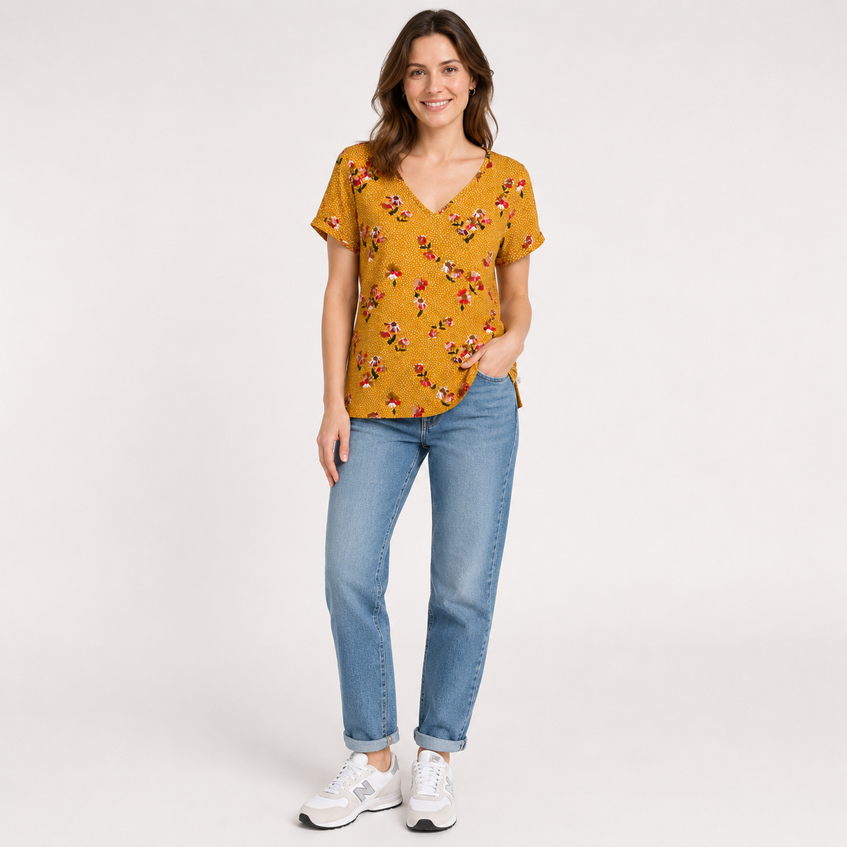Tricou Q/S by s.Oliver galben muștar cu imprimeu floral
