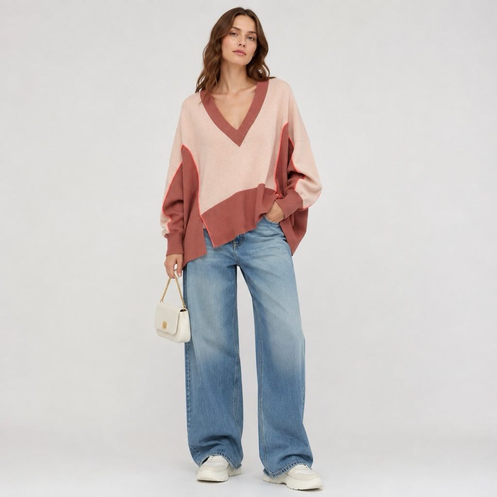 Pulover MAX&Co. by Max Mara Colorblock cu decolteu în V din mix de lână și cașmir