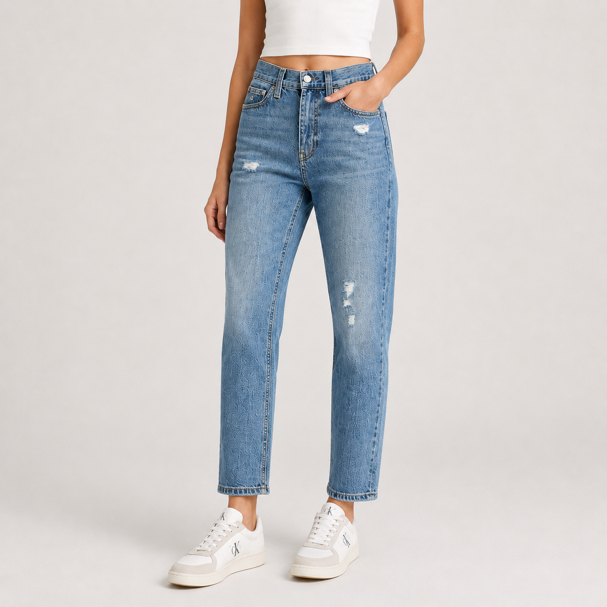 Blugi Calvin Klein Jeans High Rise Straight Ankle cu efect distressed