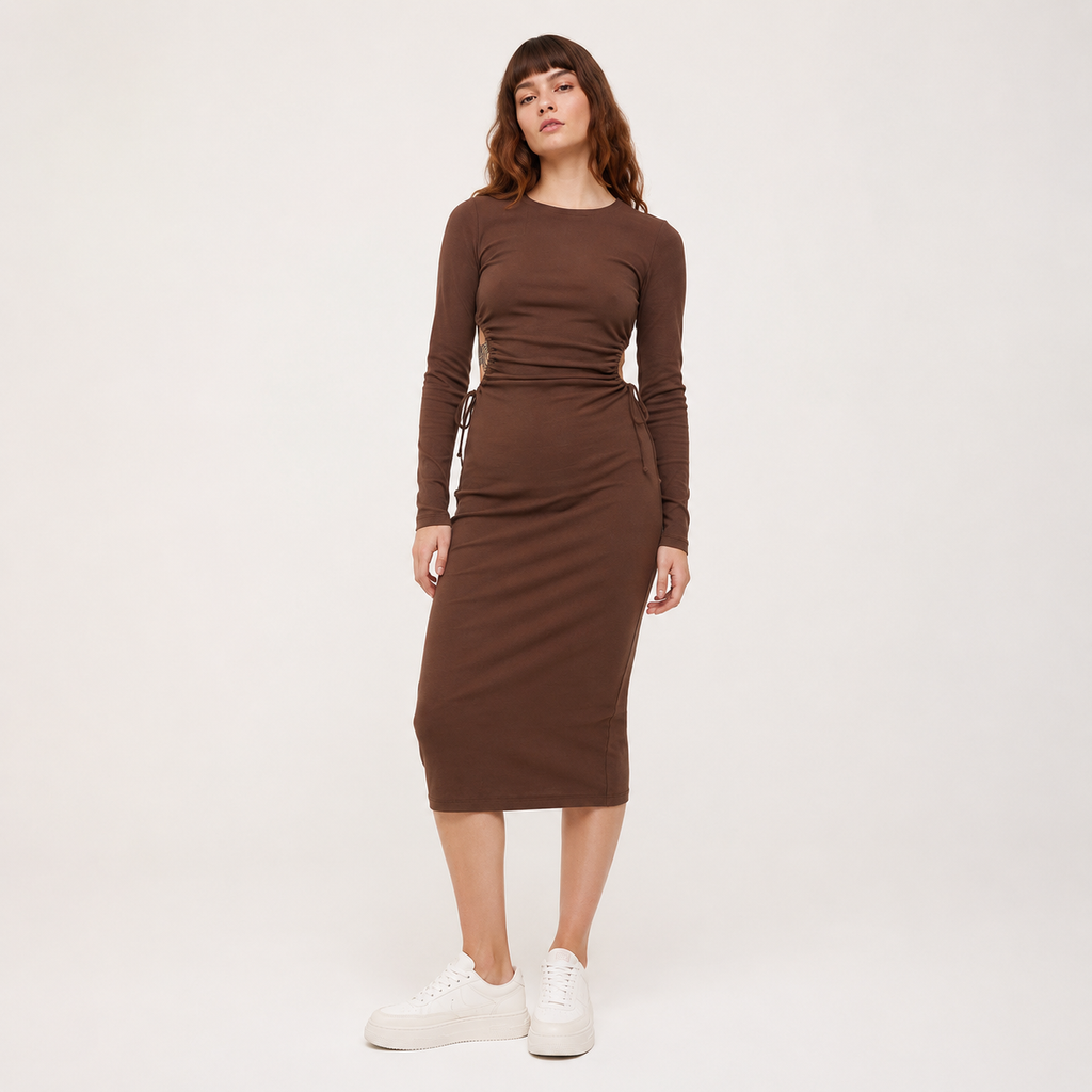 Rochie Envii maro midi cu decupaje laterale