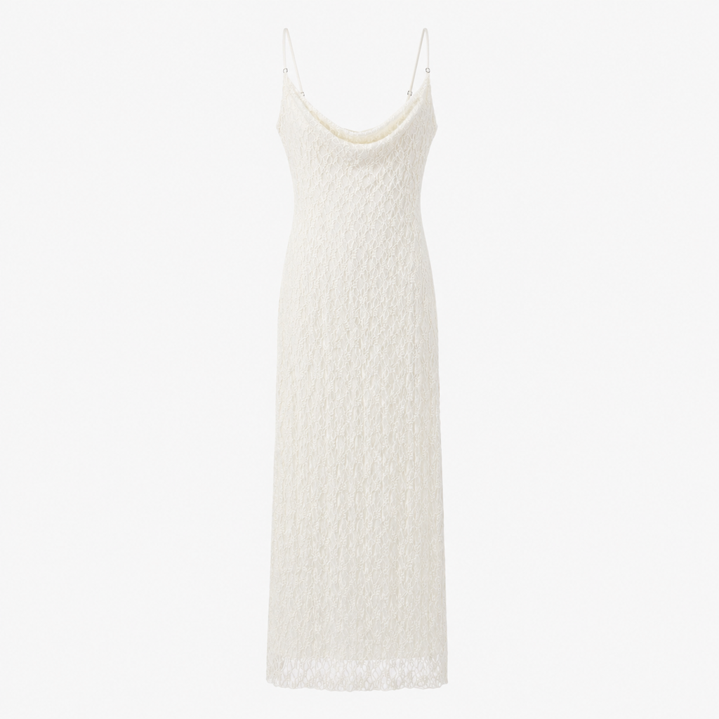 Rochie lungă Bershka albă din dantelă cu decolteu drapat